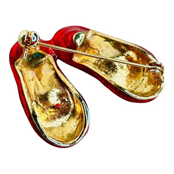 Enamel Ruby Red Slippers Rhinestone Gold Tone Brooch Pin - Picture 3 of 7